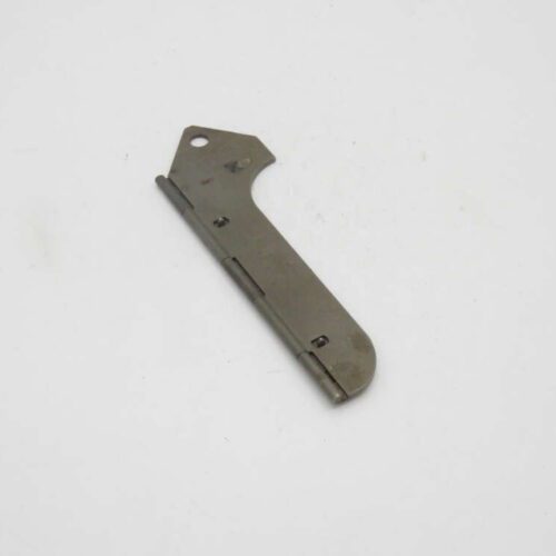A small, metal hinge with a single hole at one end, against a white background.