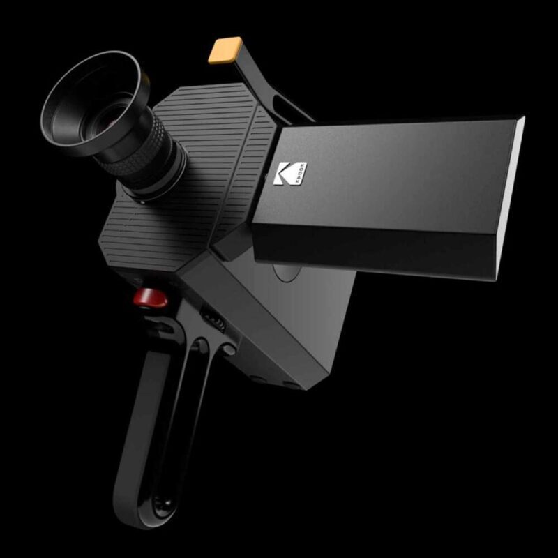 A modern handheld camera with a textured surface, viewfinder, and a prominent Kodak logo on a black background.