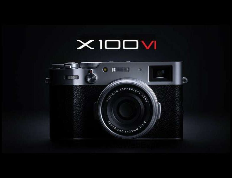 Fujifilm X100 VI camera on a dark background.