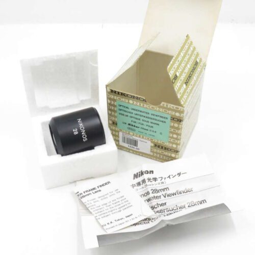 Nikonos 28mm optical underwater viewfinder with original packaging and instruction manuals.