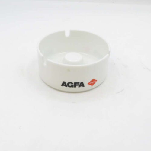 White AGFA ashtray with three notches and AGFA logo in black and red on the side.