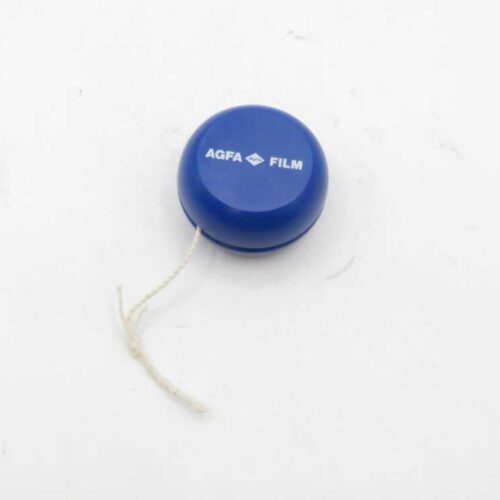Blue yo-yo with "AGFA FILM" printed in white text.