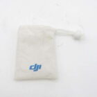 Small white drawstring pouch with a blue logo featuring the letters "dji".