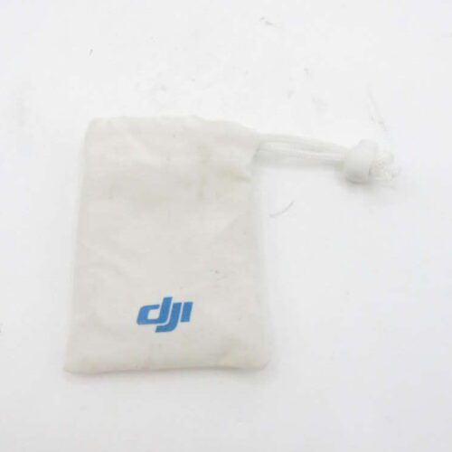 Small white drawstring pouch with a blue logo featuring the letters "dji".