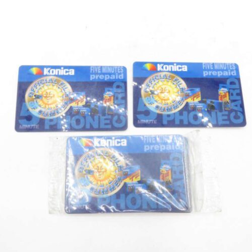Three blue Konica prepaid phone cards with the text "FIVE MINUTES" and "OFFICIAL FILM OF SUMMER" featuring a sun design and film package images.