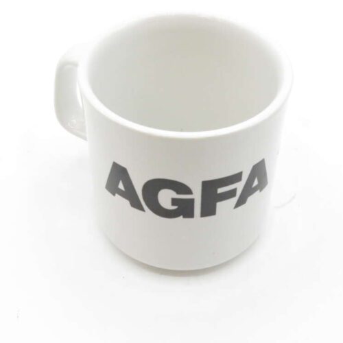 White mug with the text "AGFA" in bold black letters.