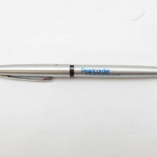 Pearlcorder-branded silver pen with a clip, placed on a white background.