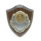 Wooden plaque with metallic trim, featuring a gold medallion in the center depicting a winged figure with rays extending outward.