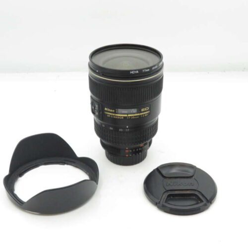 Nikon AF-S Nikkor 17-35mm f/2.8D lens with lens cap and lens hood.