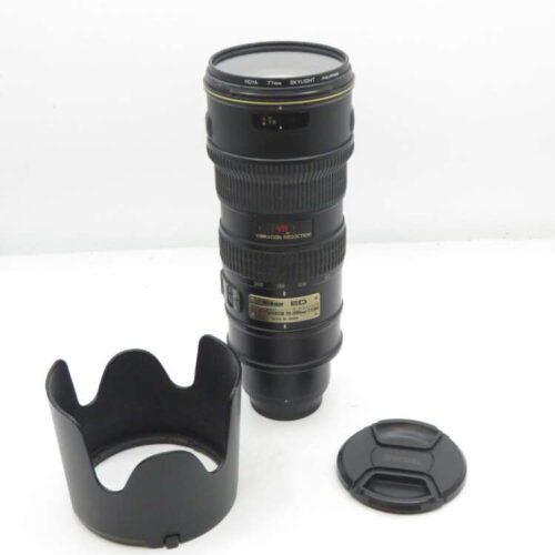 Nikon AF-S Nikkor 70-200mm f/2.8G ED VR II lens with lens hood and lens cap.