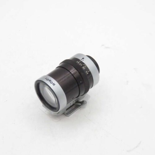 Black and silver Rodenstock camera lens on a white background.