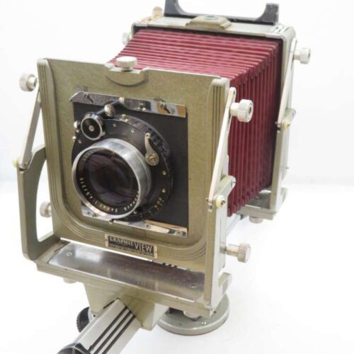 Vintage large format camera with bellows and metal frame, displaying brand name "Graphic View."