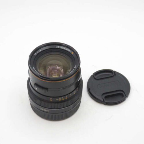 Black Zenzanon-S 50mm f/3.5 medium format camera lens with detachable lens cap.