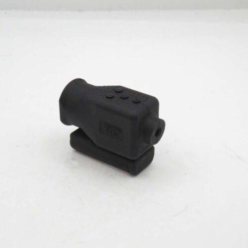Black rubber monocular object with textured surface, placed on a white background.