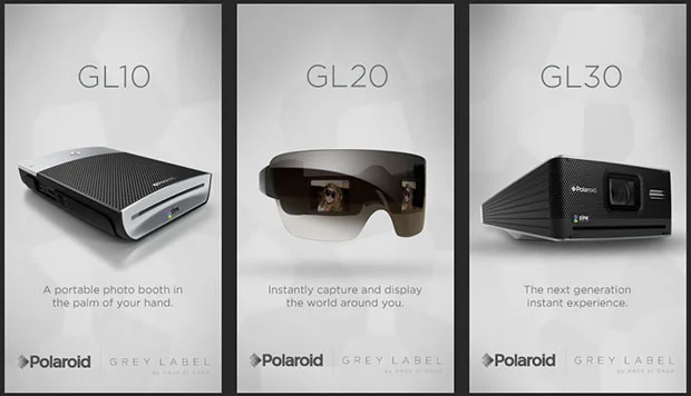 Polaroid Grey Label products GL10, GL20, and GL30 with descriptions of their features.