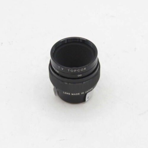 A black TV Topcor camera lens with "Lens Made in Japan" written on it, placed against a white background.