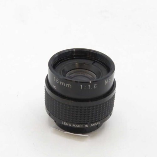 Black 16mm camera lens with 1:1.6 aperture, labelled "Lens Made in Japan."