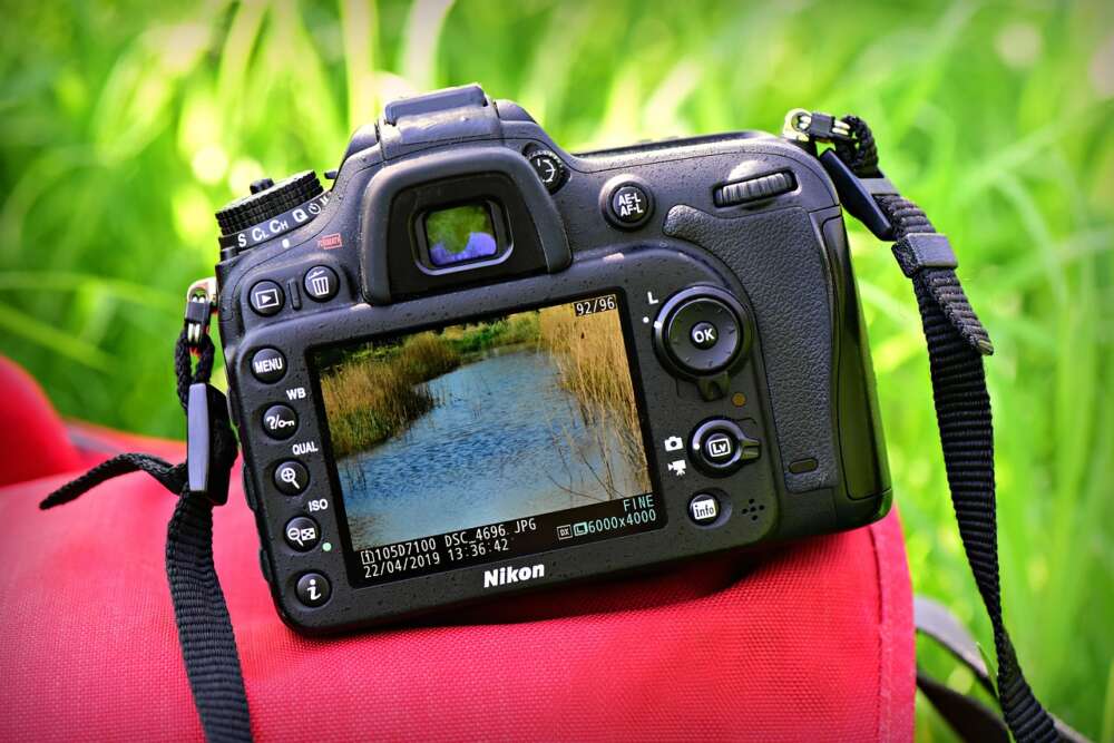 A DSLR camera displaying a landscape photo on its screen, resting on a red bag with a grassy background.