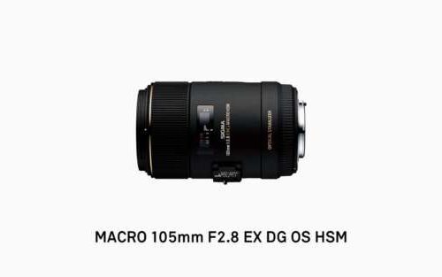 Lens labeled "MACRO 105mm F2.8 EX DG OS HSM" against a white background.
