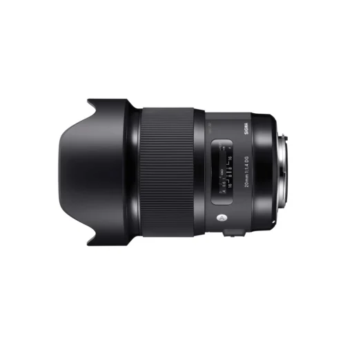 Sigma 20mm F1.4 DG HSM Art lens with a lens hood, side view.