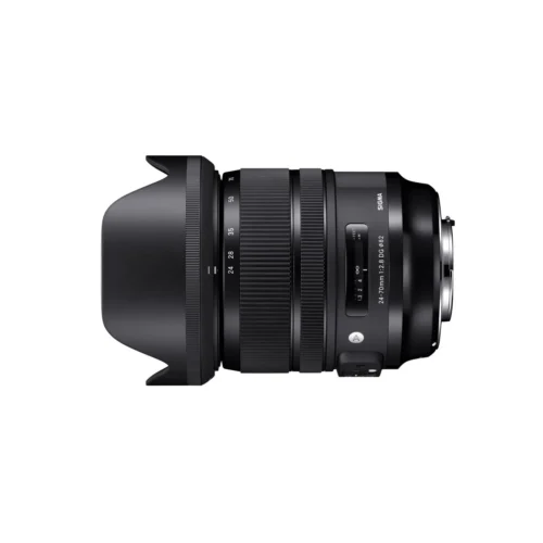 Black camera lens with hood, featuring zoom and focus rings, and labelled with specifications.