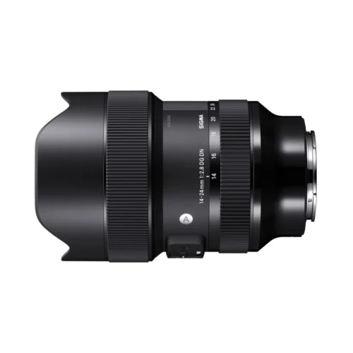 Sigma 14-24mm f/2.8 DG DN Art lens displayed on its side.