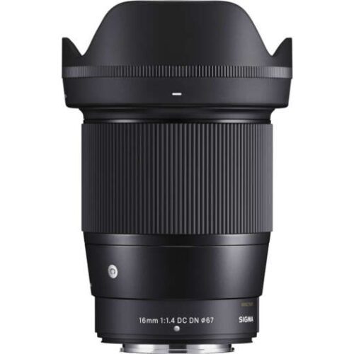 Sigma 16mm f/1.4 DC DN lens with a lens hood attached.