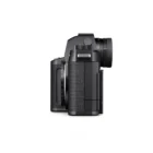 Side view of a black digital camera with a textured grip and various control dials.