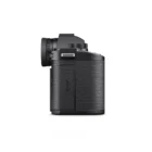 Side view of a black digital camera.