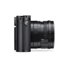Side view of a black digital camera with a textured grip and protruding lens.