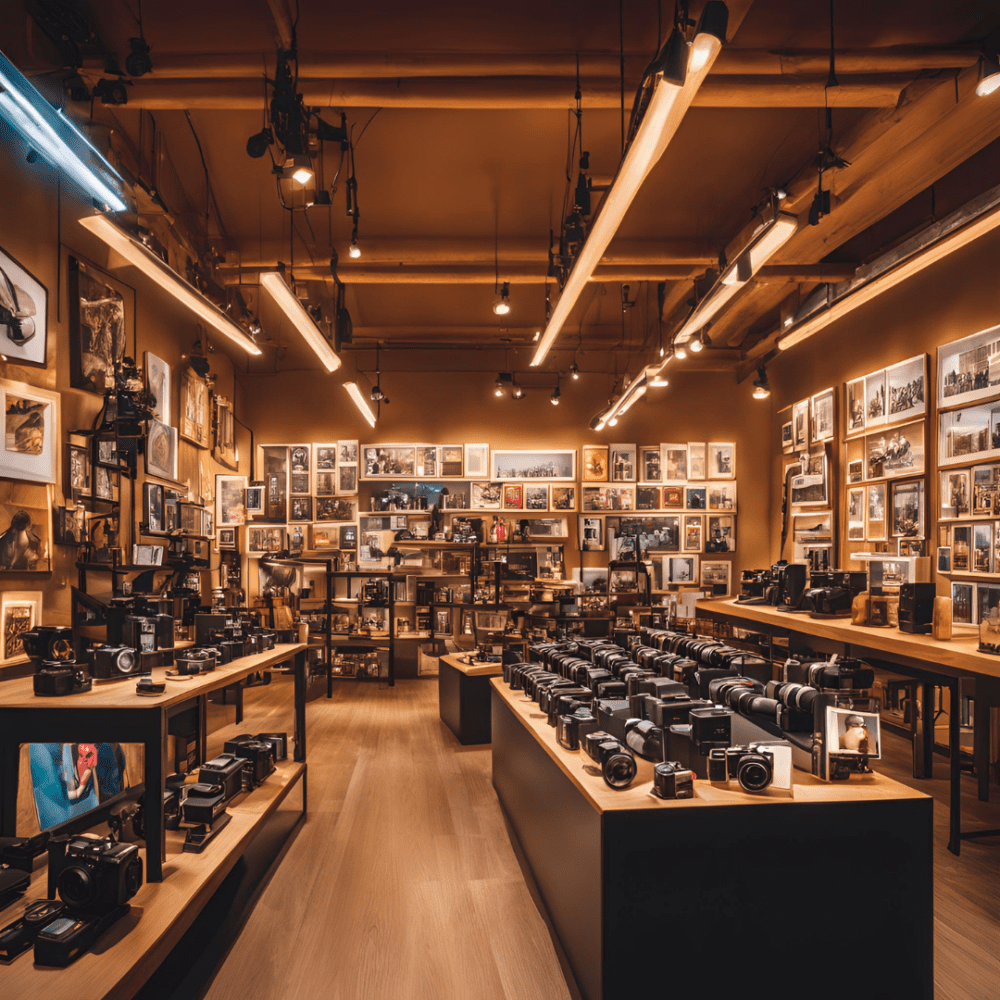 Camera store interior with various cameras displayed on tables and numerous framed photographs on the walls.