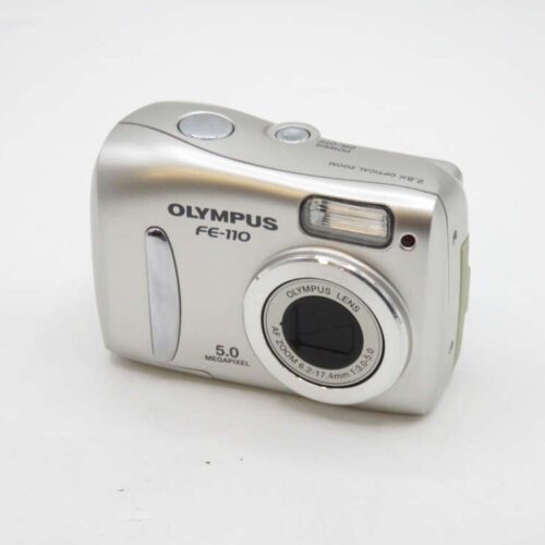 Digital camera Olympus FE-110, silver, with 5.0 megapixels and AF zoom lens.