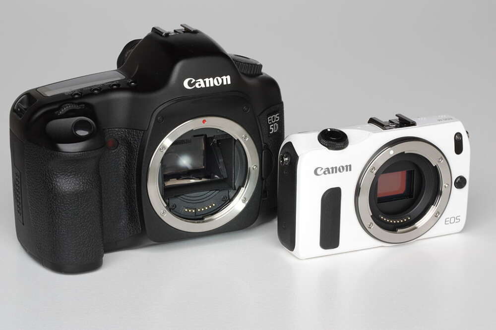 Two Canon cameras are displayed side by side, a large black DSLR and a smaller white mirrorless model, both with lens mounts exposed.