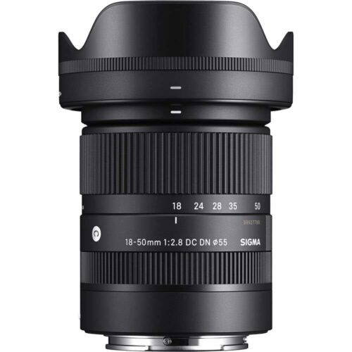 Sigma 18-50mm f/2.8 DC DN camera lens with hood.