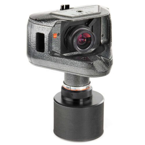 A rugged black camera mounted on a swivel base, featuring a prominent lens and textured surface.