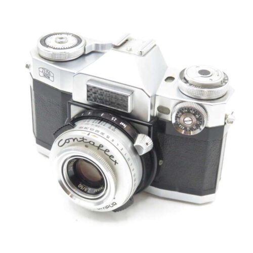 A vintage Zeiss Ikon Contaflex 35mm film camera featuring a silver and black body with manual controls and a Tessar 2.8/50 lens attached.