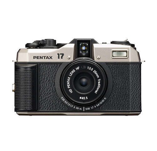 Front view of a Pentax 17 camera with a vintage design, including a black and silver body and a prominent lens with markings.