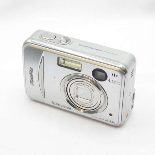 A silver Fujifilm FinePix A345 digital camera with a 4.1 megapixel sensor, featuring a visible lens, flash, and control buttons, positioned on a white background.