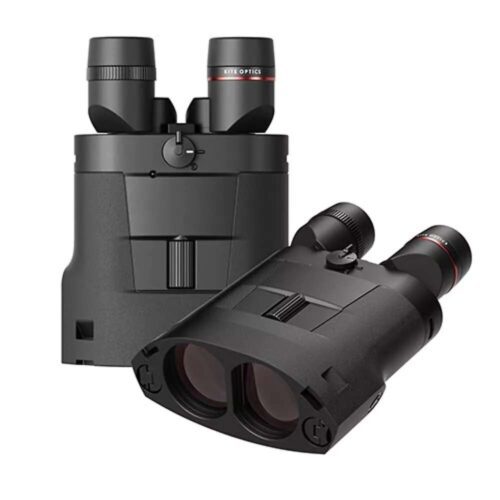 A pair of black Kite Optics binoculars with adjustable eyepieces and a sturdy design, positioned upright and tilted sideways for display.