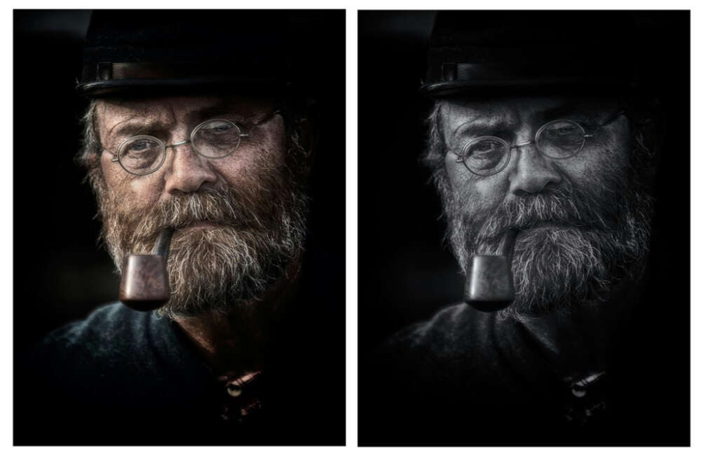 A portrait of an older man wearing round glasses, a black hat, and a pipe in his mouth. The left image is in colour, while the right image is in black and white, both showing his rugged beard and facial features.