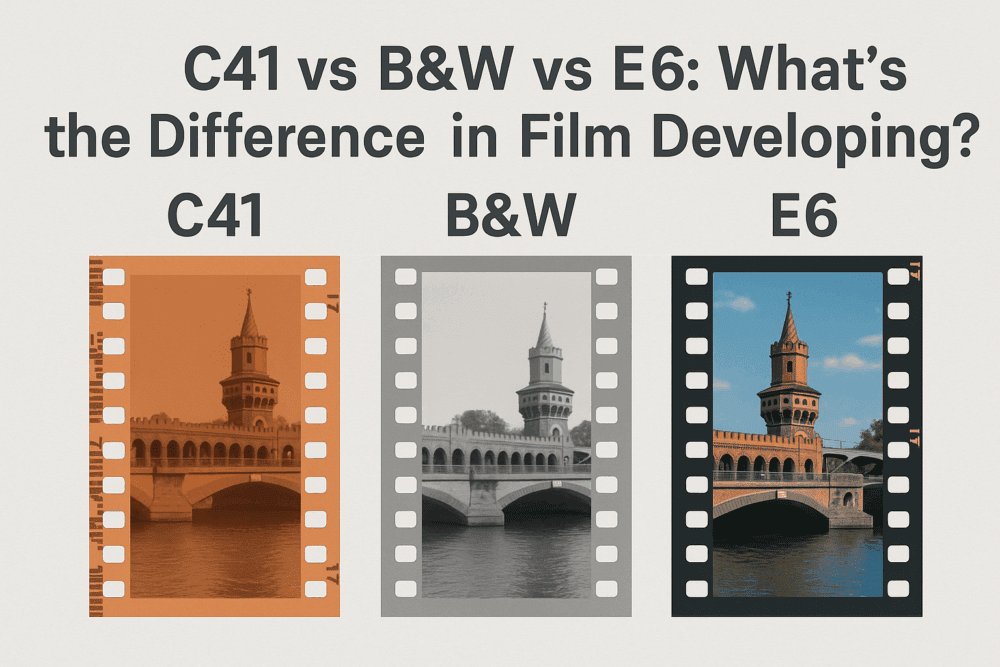 Different between C41 film processing, black and white film developing, E6 slide film developing