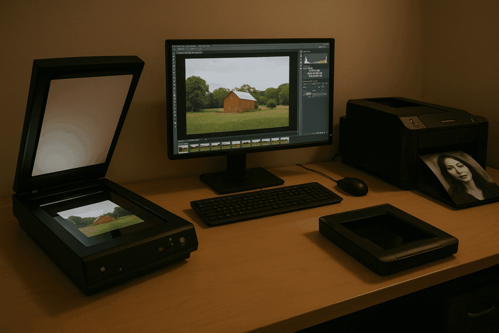 A dimly lit office workspace featuring a flatbed scanner on the left with an image of a barn, a computer monitor displaying the scanned image, a keyboard and mouse, and a printer on the right producing a portrait photo.