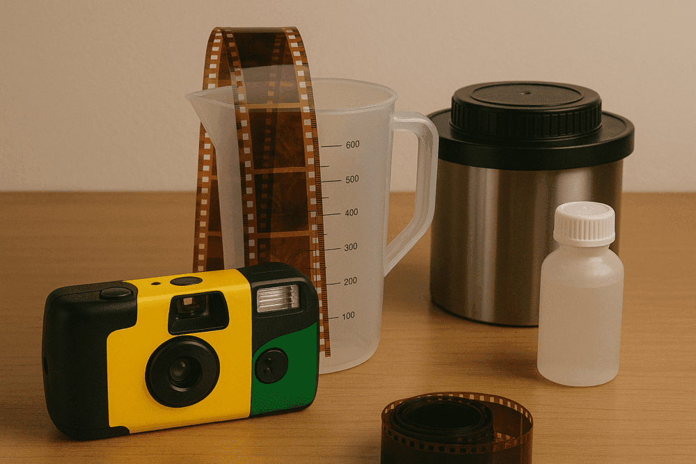 A disposable camera, a measuring jug with film, a film developing tank, a small bottle, and a rolled film strip on a wooden surface.