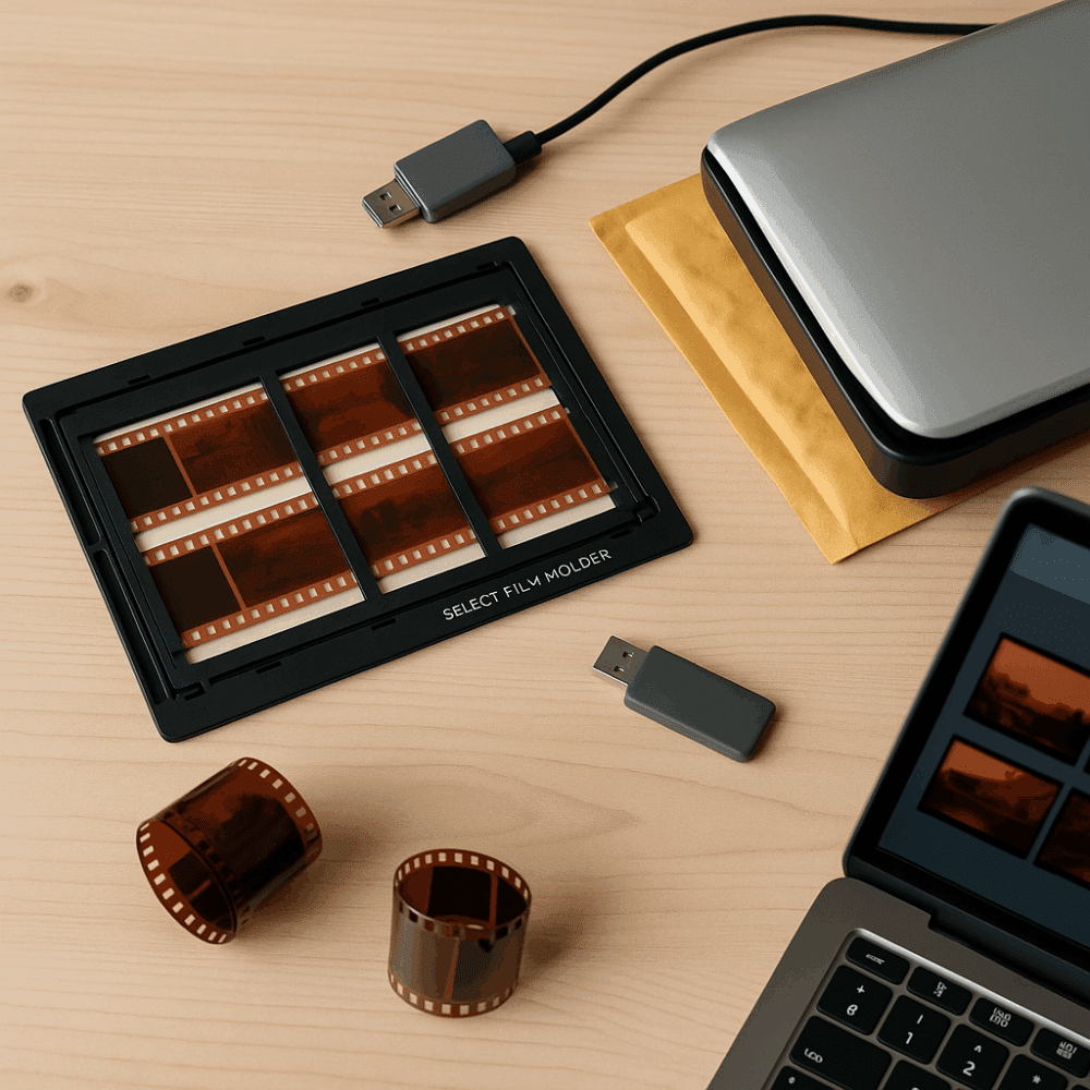 A flat lay of a film scanner setup on a wooden table, featuring a film holder with negatives, a silver digital scanner, a USB cable and drive, and a laptop displaying scanned images. Two rolls of film are also visible.
