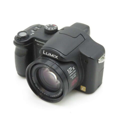 A Panasonic Lumix DMC-FZ8 digital camera with a 12x optical zoom lens and Leica lens branding, featuring a black body and an ergonomic design with control buttons and dials on the top.