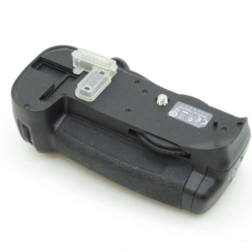 A black camera battery grip with a textured handle, featuring a connector port on top and a wheel lock mechanism, placed on a white background.