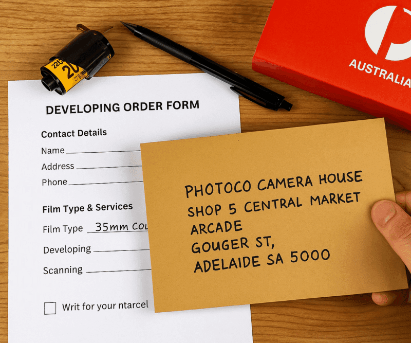 A mail-in film developing order form for film photography with details partially filled in, a 35mm film canister, a black pen, and a red Australia Post box, alongside an envelope addressed to Photoco Camera House in Adelaide.