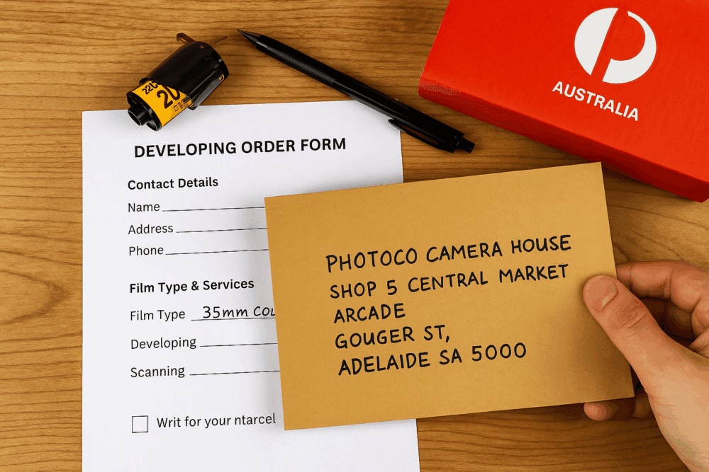 A mail-in film developing order form for film photography with details partially filled in, a 35mm film canister, a black pen, and a red Australia Post box, alongside an envelope addressed to Photoco Camera House in Adelaide.