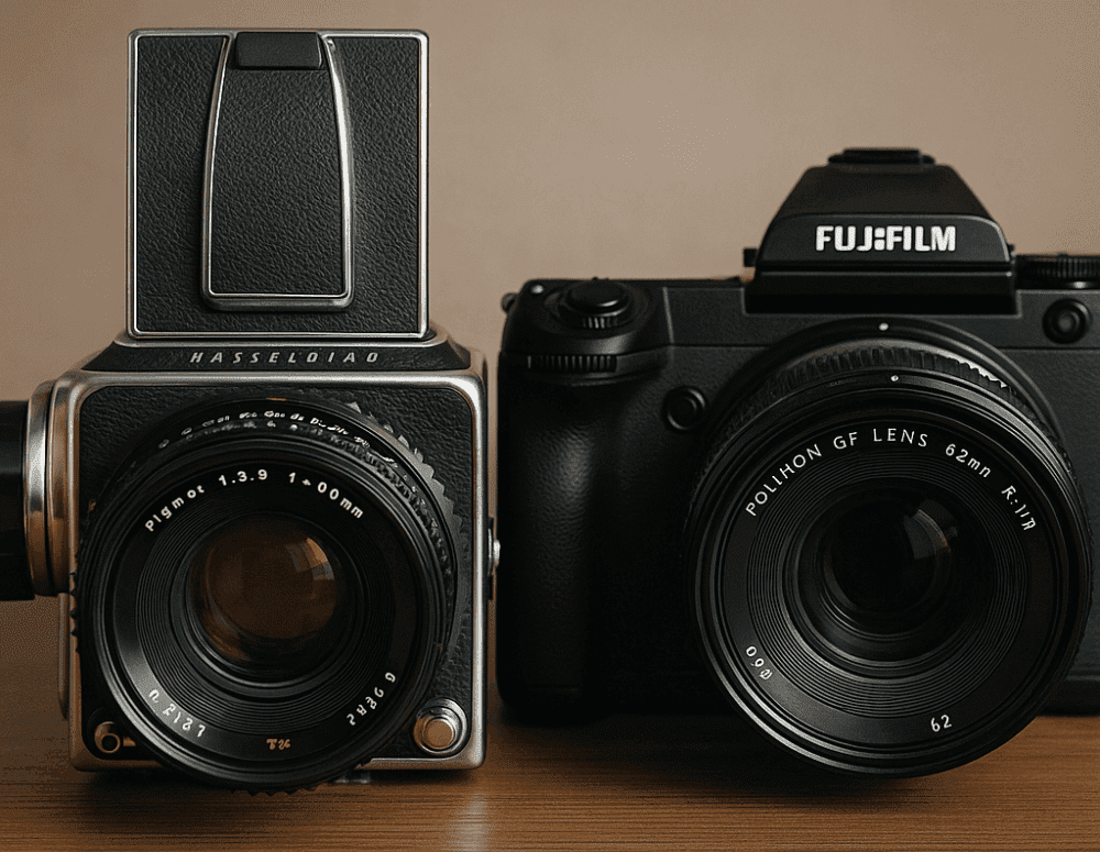 Two vintage cameras on a wooden surface; the left is a Hasselblad with a large square viewfinder, and the right is a Fujifilm camera with a modern design and rounded prism housing.