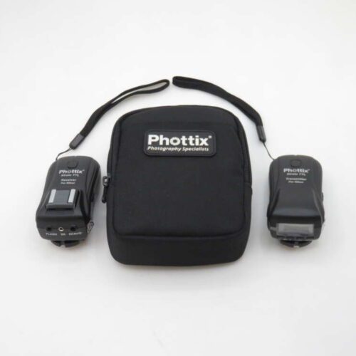 A Phottix wireless flash trigger set including a black zippered carrying pouch labeled 'Phottix Photography Specialists', with a flash receiver and transmitter placed on either side.